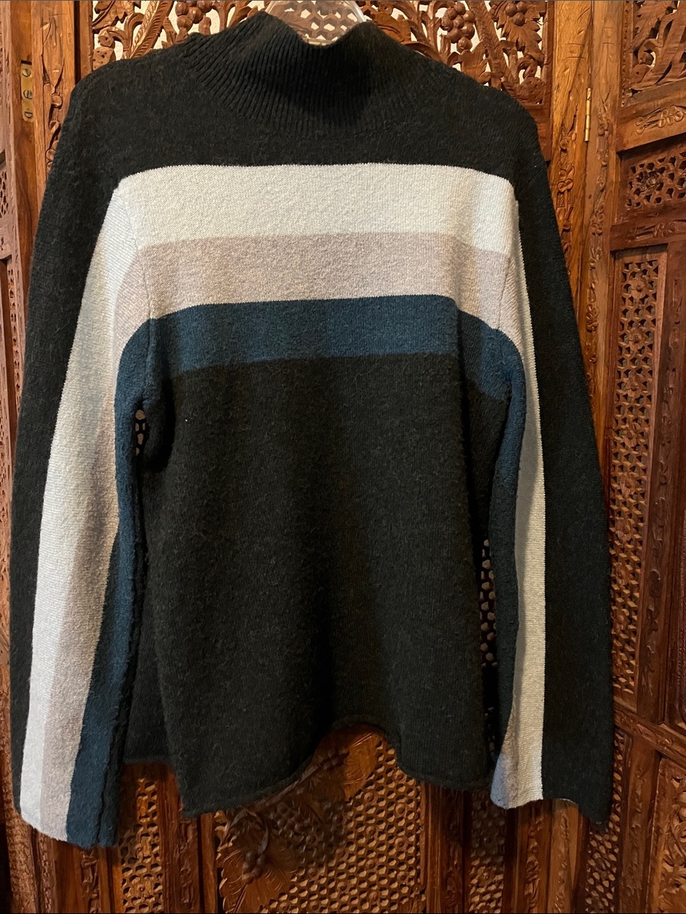 Democracy Black Stripe Cowl-Neck Sweater with Gray and Teal Accents